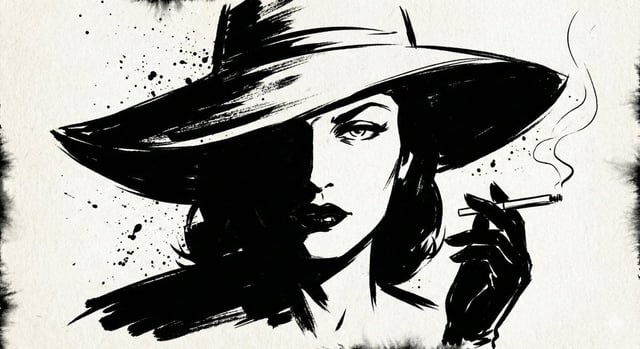 A high-contrast ink noir portrait of [SUBJECT], illustrated entirely with expressive black ink strok