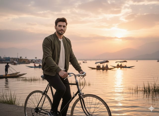 A realistic cinematic photograph of a handsome man riding a bicycle along the edge of Dal Lake at su