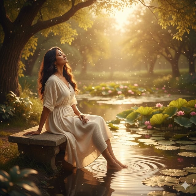 unfolds beside a tranquil pond, where gentle ripples catch the warm, golden sunlight. A young woman 