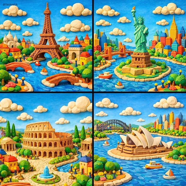 Generate a whimsical miniature world featuring [LANDMARK NAME] crafted entirely from colorful modeli