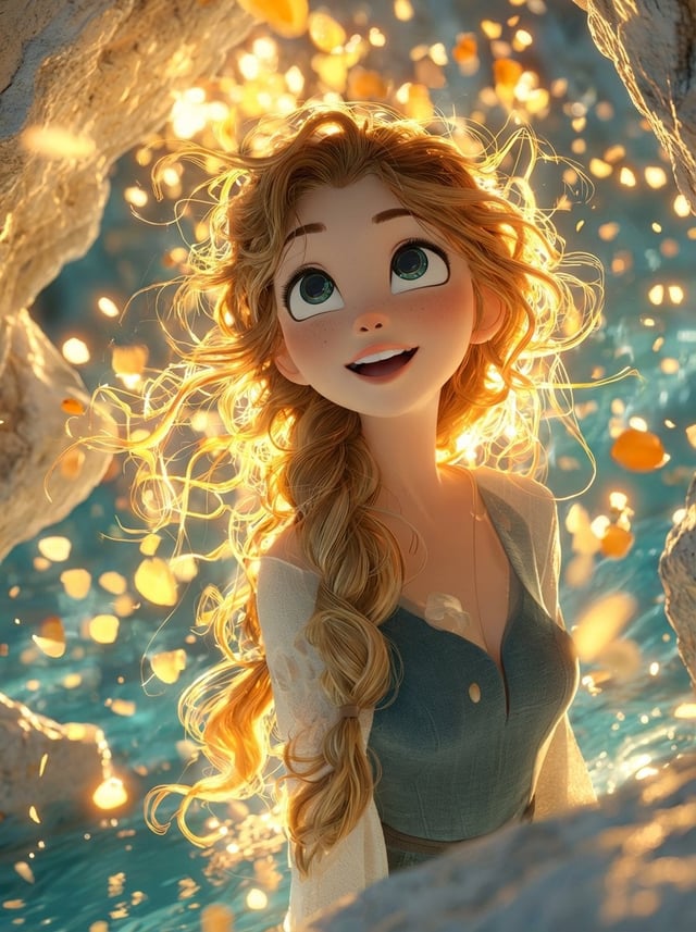 A dreamy, cinematic 3D animated girl with big expressive eyes and soft freckles, warm golden backlig