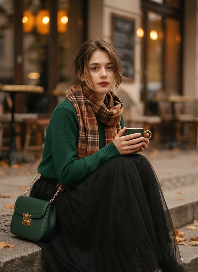 Aesthetic 1970s-inspired fashion portrait of a stylish young woman sitting on outdoor cafe steps, ho