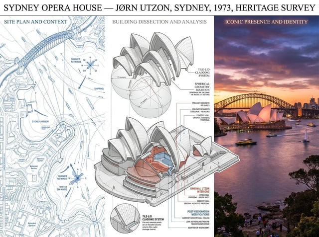 A preservation architect's survey board for [BUILDING / STRUCTURE] — [STYLE / ARCHITECT / PERIOD]. L