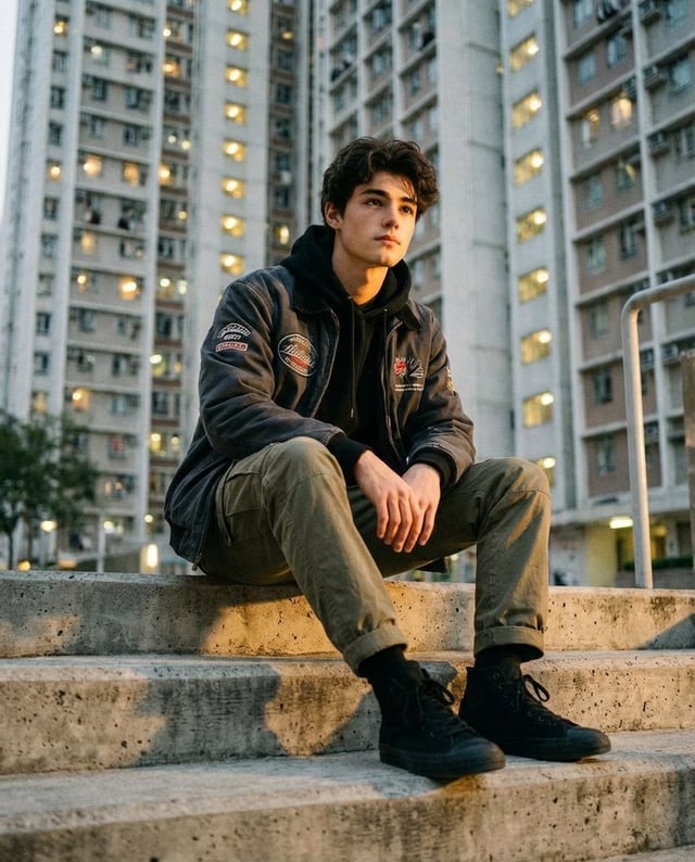 A stylish young man sitting confidently on raw concrete steps inside a dense urban housing complex d