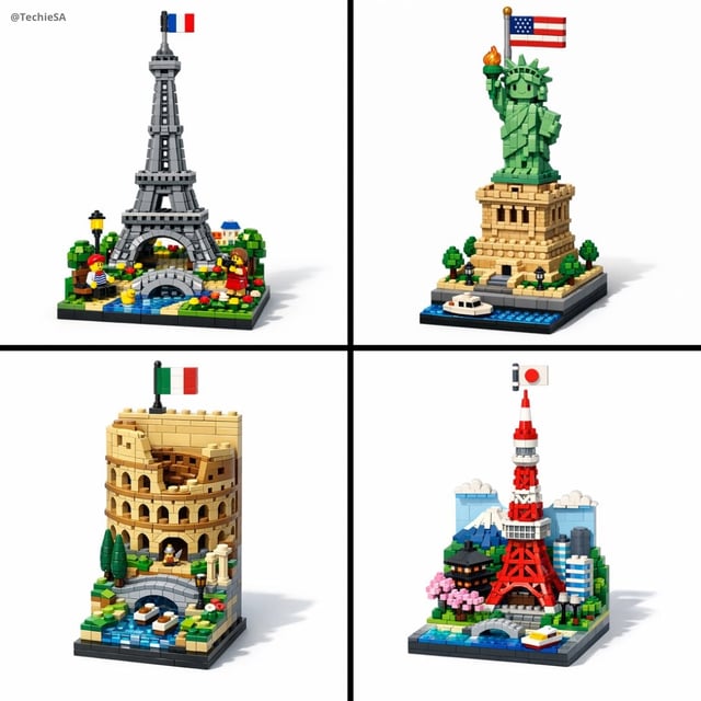 A vertical LEGO diorama showing [LANDMARK], [COUNTRY]). The scene is built entirely from LEGO bricks
