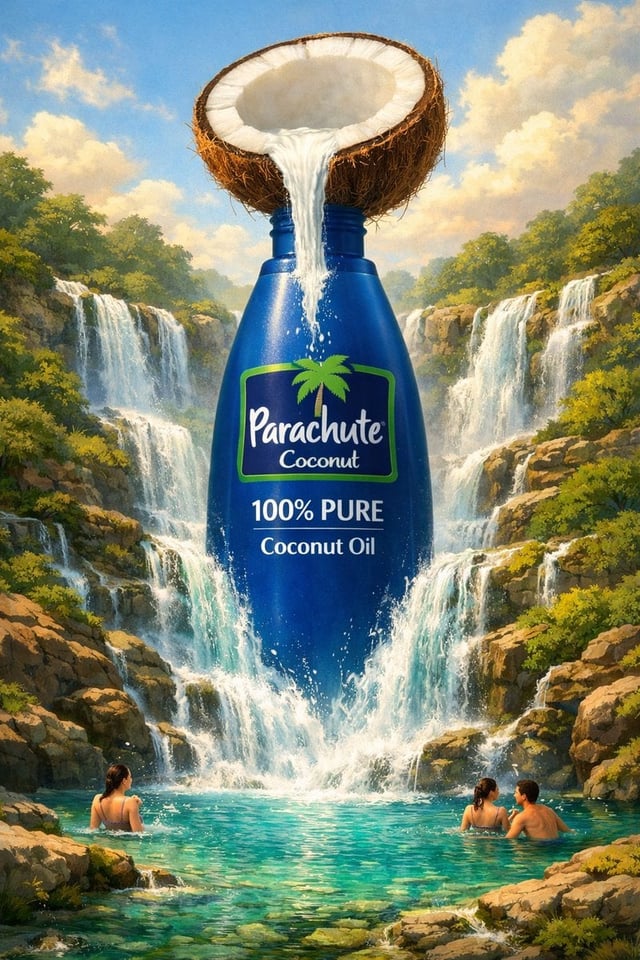 Surreal premium commercial illustration for [BRAND NAME] [OIL TYPE], featuring the product bottle em