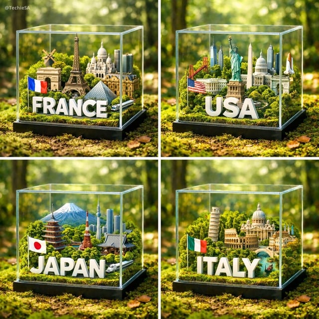 A hyper-realistic 1080x1080 photograph of a glass cube diorama placed on a lush, mossy forest floor 