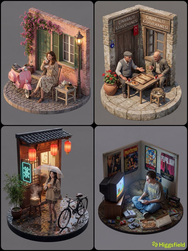 Concept: A hyper-realistic 3D isometric view of a [INSERT LOCATION] scene on a circular base.