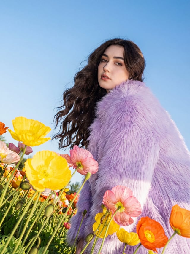 Use this photo attached to create a striking outdoor fashion portrait set in a vibrant flower field 