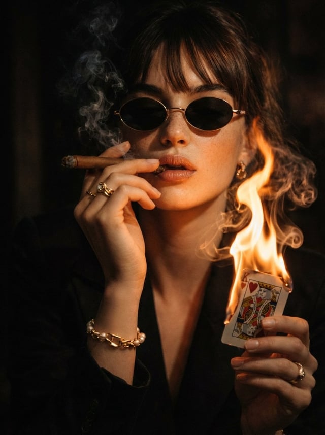 A cinematic, moody portrait of a stylish women in dark suit and oval sunglasses, smoking a thin medi