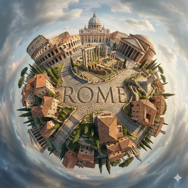 Create a hyperrealistic, surreal spherical panorama of [CITY NAME], with its most iconic landmarks a