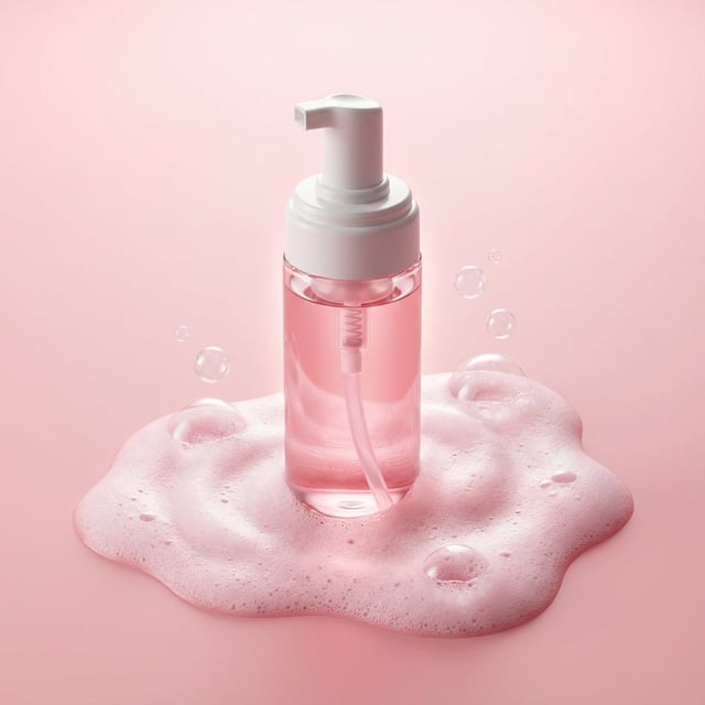 Premium minimalist skincare product photography. A translucent pink liquid cleanser bottle with a wh