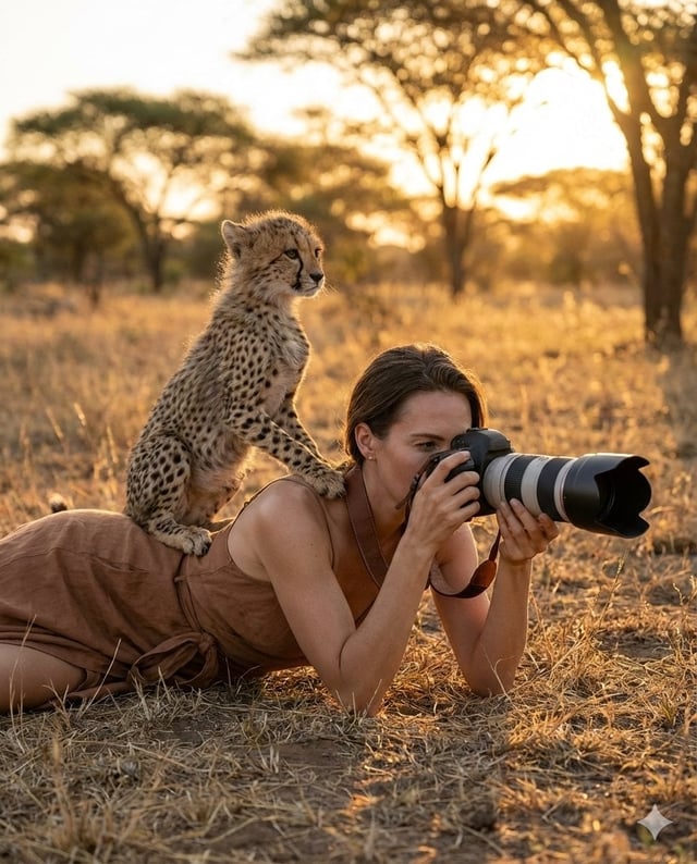 Ultra-realistic wildlife photography scene: An elegant woman in a minimal earthy-toned wrap dress wi