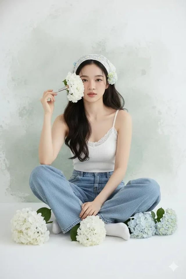 A high-resolution studio portrait of a young East Asian woman with long, wavy dark hair sitting cros