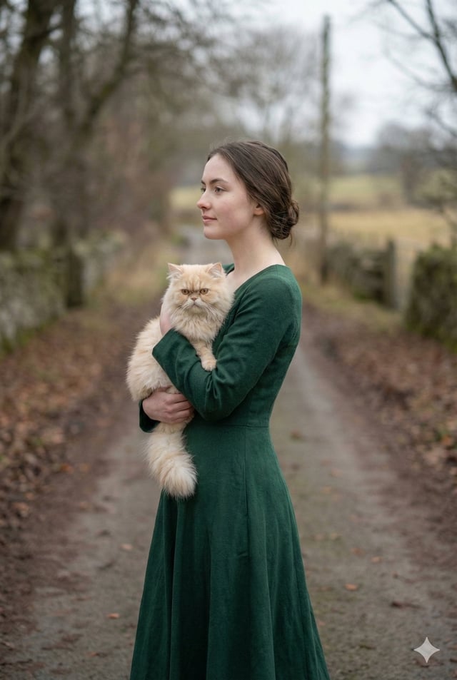 portrait of a young woman in her early 20s walking calmly on a beautiful road, holding a small Persi