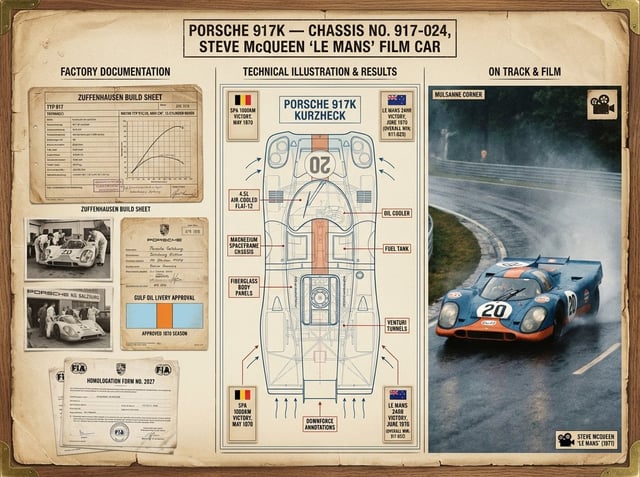 A marque historian's documentation board for [VEHICLE] — [MODEL / VARIANT / YEAR]. Left section: fac