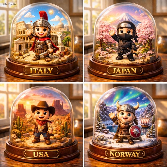 Create a highly detailed, hyper-realistic image of a miniature diorama inside a glass dome, placed o