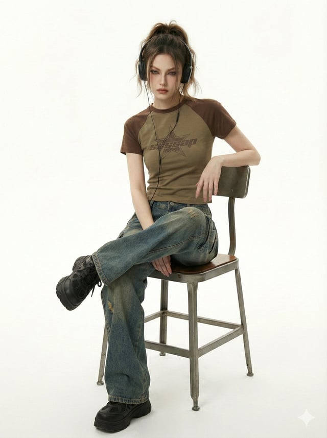She kneels in a pristine white studio, shot from a low mid angle with a slight upward tilt that emph