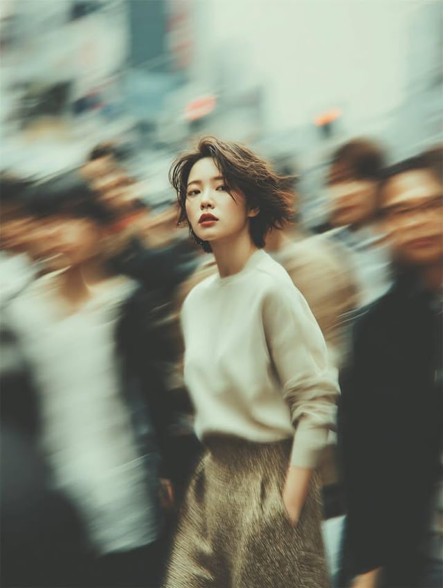 A cinematic street portrait of a young woman standing still in a busy urban crowd, captured with mot