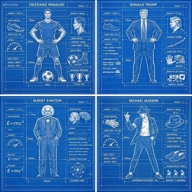 A detailed technical blueprint illustration of [CHARACTER], drawn in blueprint style on a blue grid 