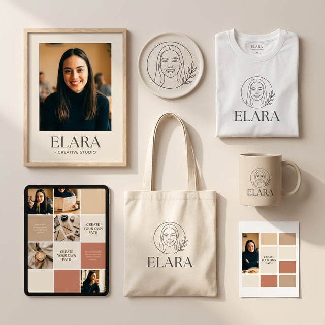 A clean, modern personal branding mockup featuring a cohesive visual identity for a female creator o