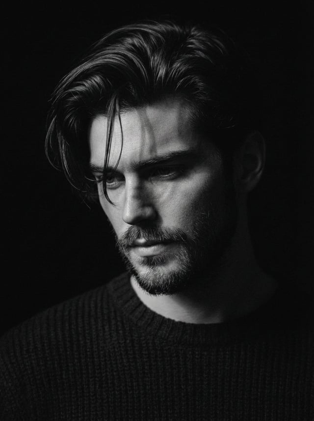 Close-up black and white portrait of a man use image face reference with messy hair and a rough bear