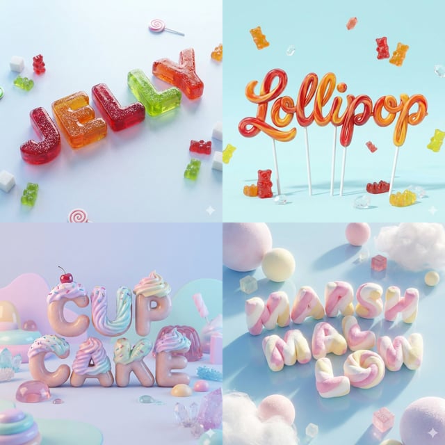 A smooth, ultra-realistic 3D render of the word [YOUR WORD] shaped like a delicious candy — style ad