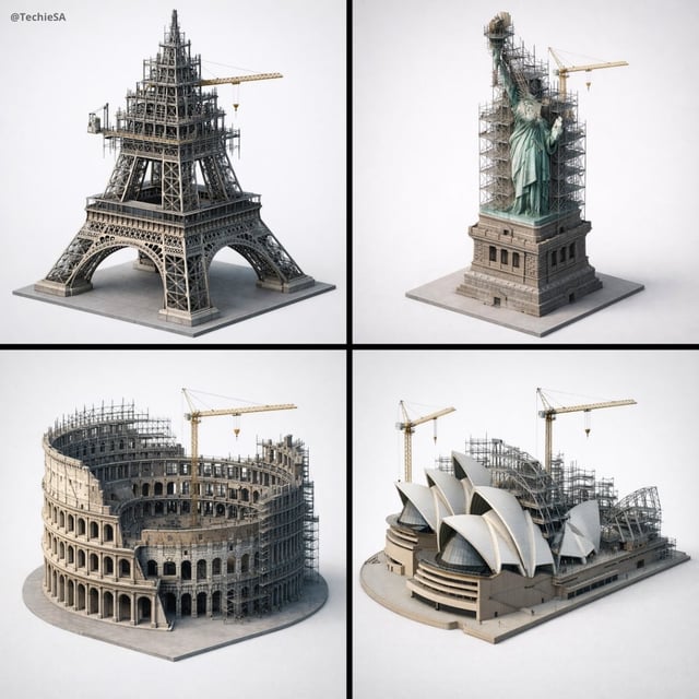 Depict [LANDMARK] frozen in an eternal state of construction. Camera & Angle (LOCKED): 45° elevated 