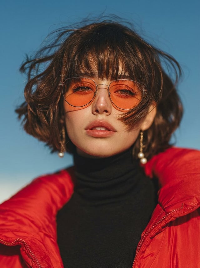 A cinematic fashion portrait of a young woman with a short wavy bob haircut and wispy bangs, wearing