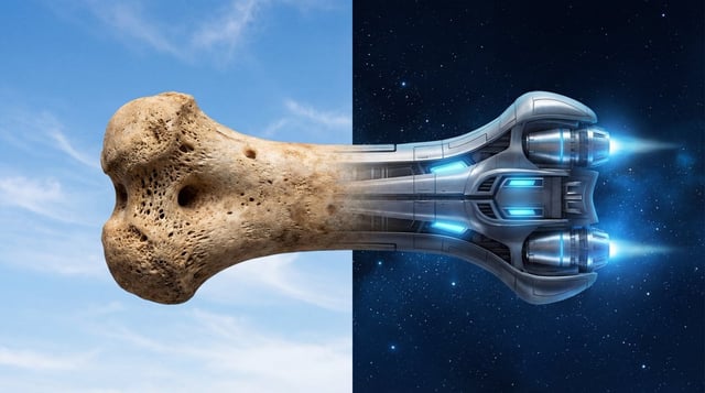 A photorealistic image, split down the middle. On the left side, a small, detailed bone that touches
