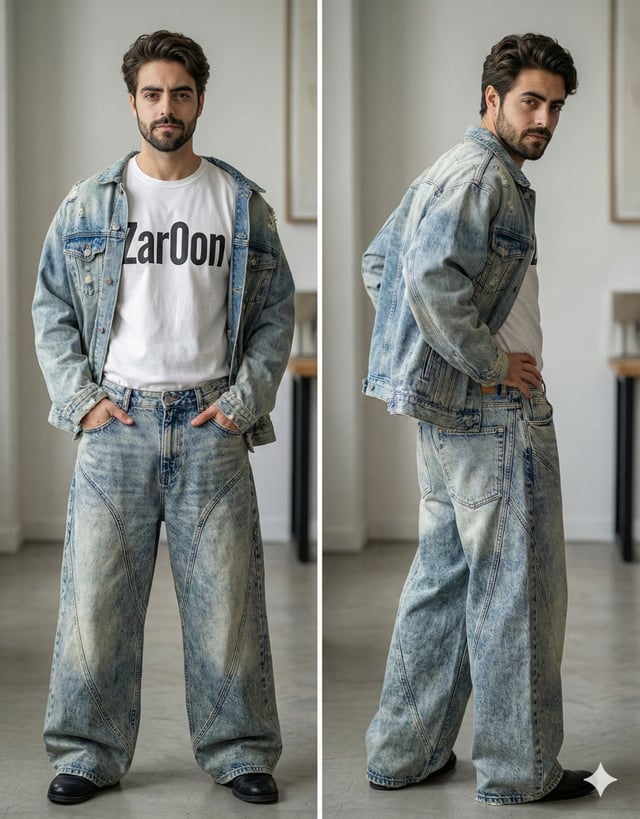 Beard. Makeup is minimal and natural, emphasizing clear skin and subtle lip color. The outfit is con