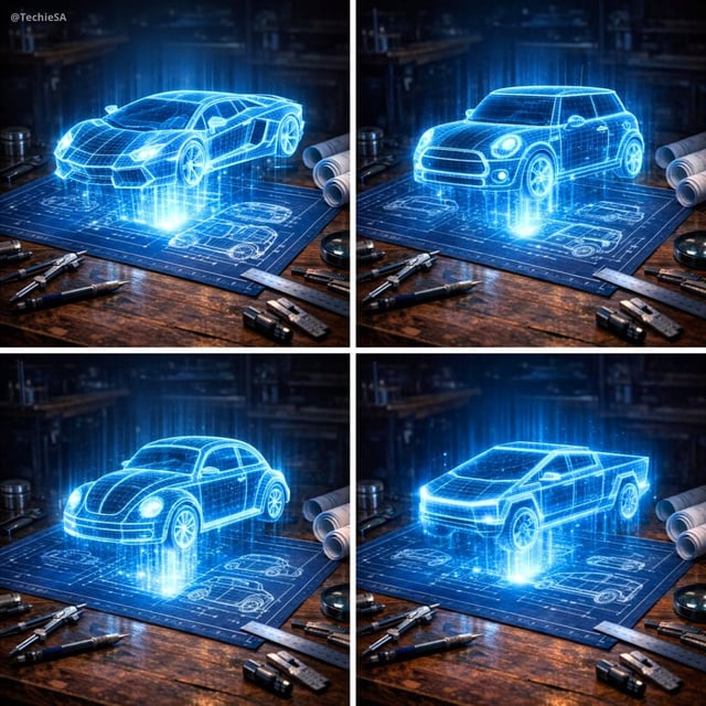 Create a hyper-realistic 3D holographic blueprint projection of a [CAR NAME] emerging as a luminous 