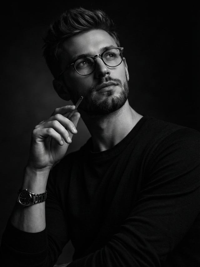 A dramatic black and white studio portrait of a thoughtful man with short styled hair, light stubble
