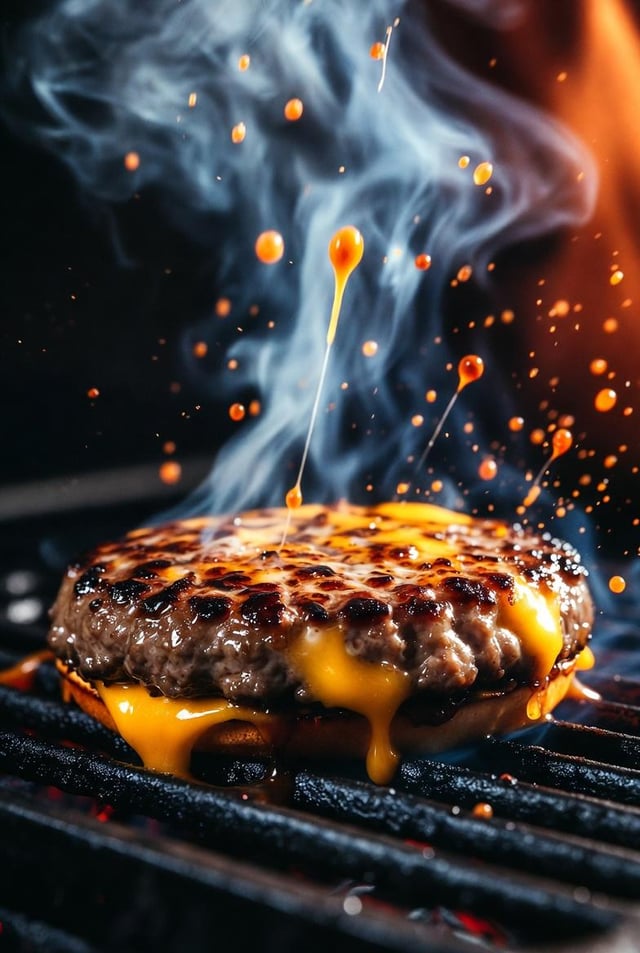 A hyper-realistic, cinematic close-up of a sizzling gourmet cheeseburger. The thick, juicy beef patt