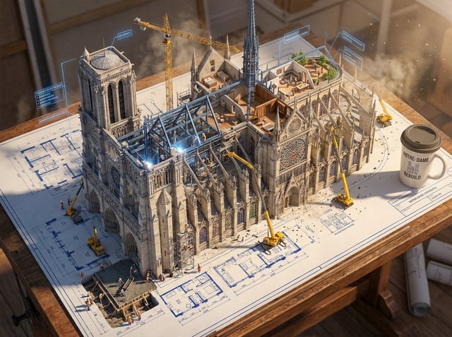 Epic 3D scene: a massive architectural blueprint of [BUILDING/STRUCTURE] pinned to a drafting table,