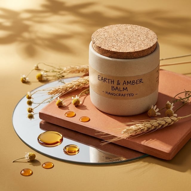 A high-end editorial studio photograph of a (PRODUCT FORM, e.g. bottle, jar, tube…), made of (MATERI