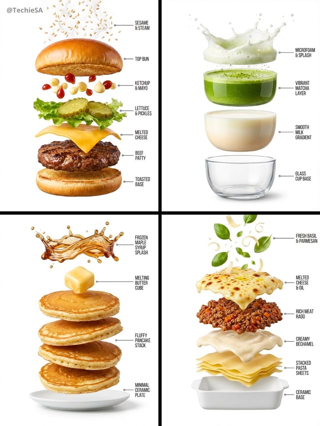 Create a hyper-realistic exploded vertical infographic composition of [FOOD].