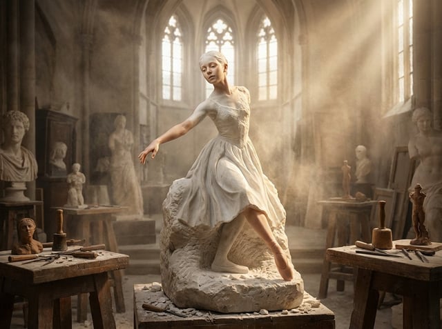 A half-finished marble sculpture in a dusty Renaissance workshop, with the [SUBJECT] emerging from t