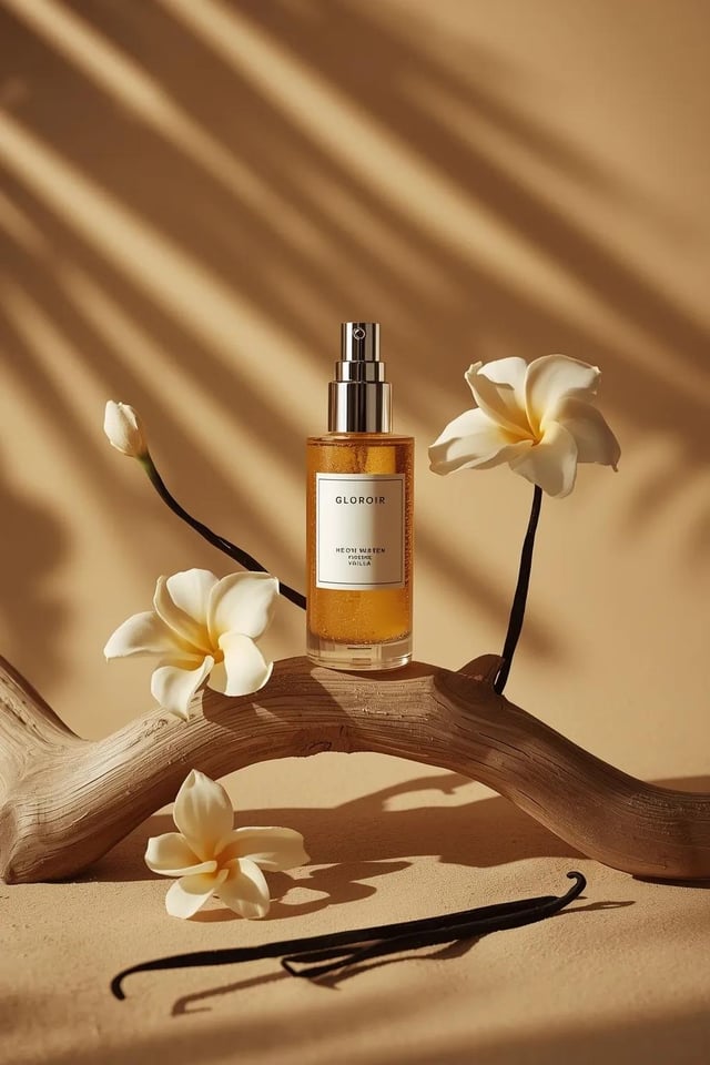 - Ultra-cinematic luxury skincare product photography of a translucent amber serum pump bottle stand