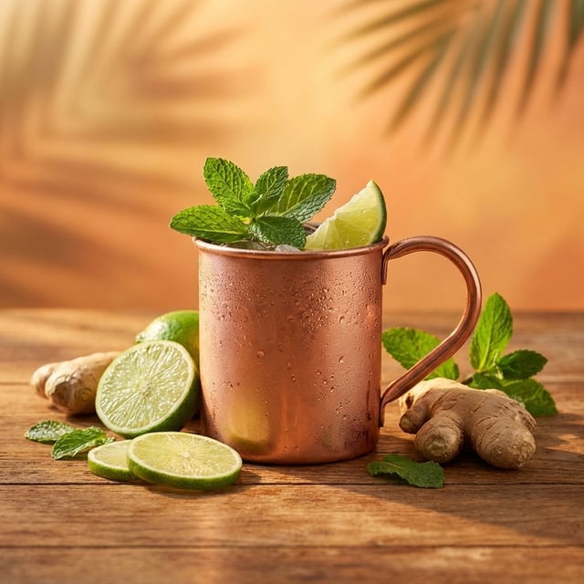 A high-end studio photograph of a [YOUR COCKTAIL], shot from a high-angle slightly top-down perspect