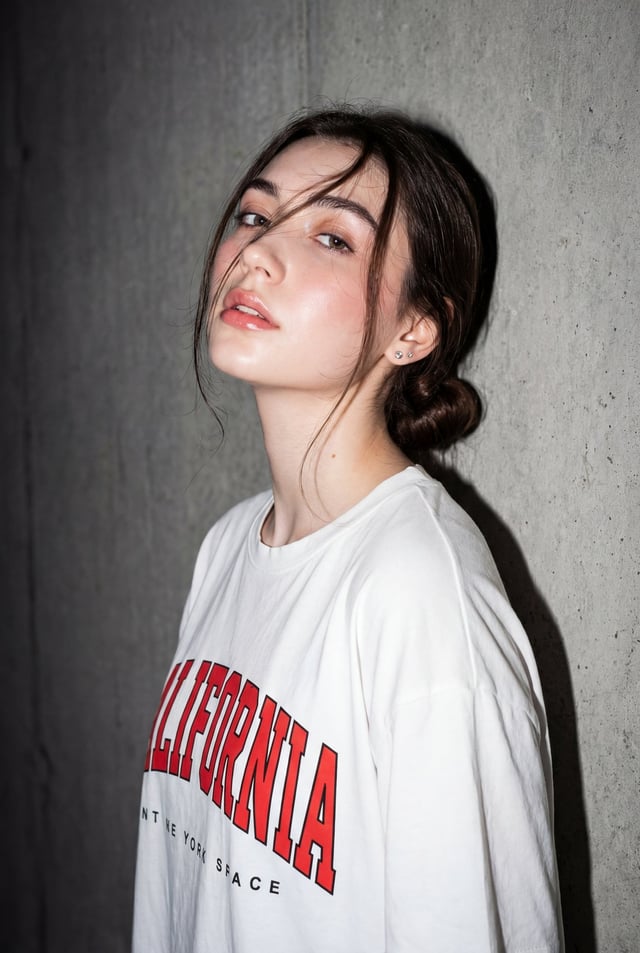 A high-resolution, close-up editorial-style portrait of a young woman standing against a textured gr