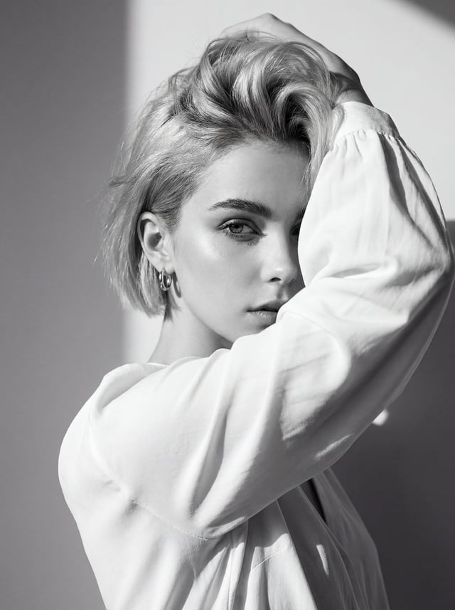Use the attached image of the model as facial reference and physical features. Black and white high-