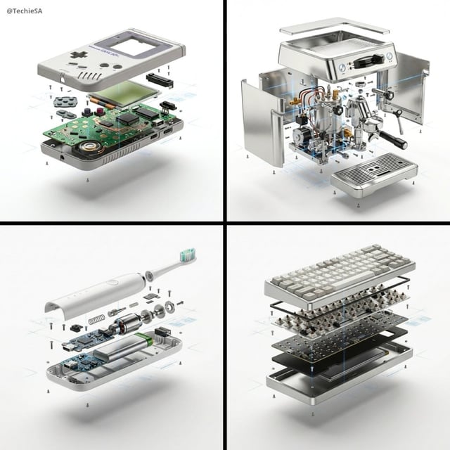 [PRODUCT], high-end product advertising, white seamless background, exploded view with inner mechani