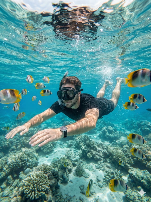 Create a hyper-realistic underwater close-range portrait captured with a wide-angle action camera in