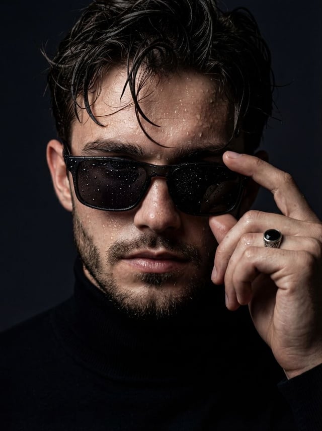Ultra-realistic cinematic close-up portrait of a young man with wet skin and damp, messy hair. He li