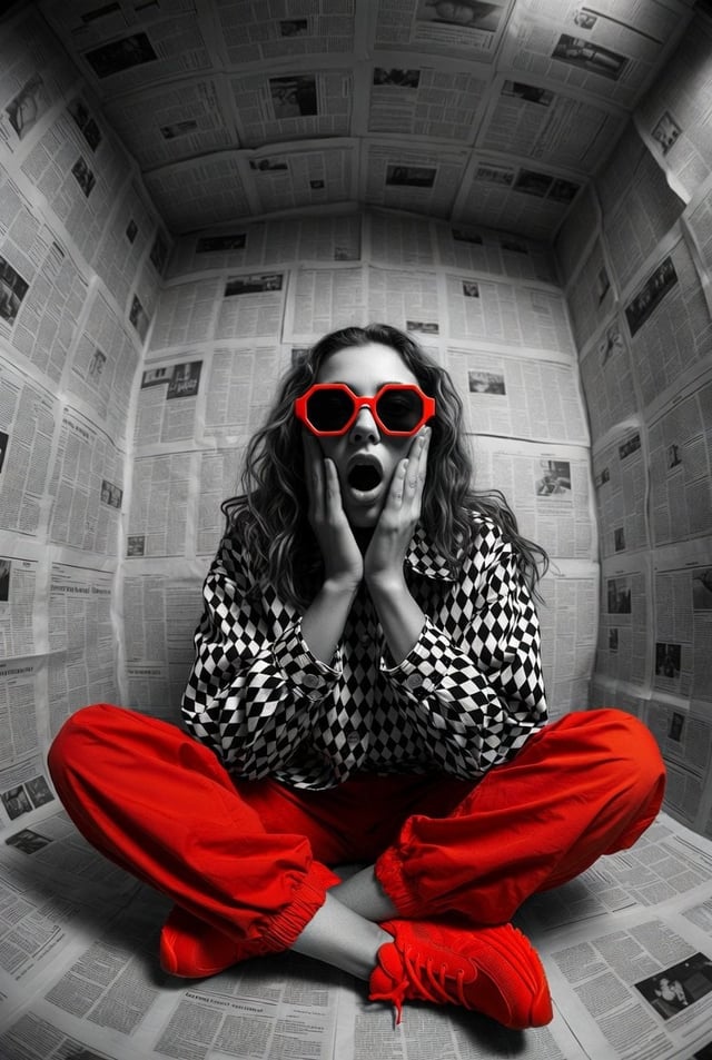 Hyper-realistic editorial photo shot at eye level with a 12mm ultra-wide lens, full-frame camera, de