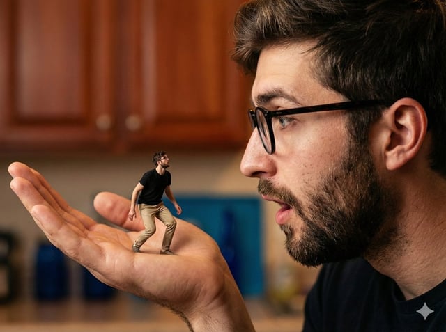 A hyper-realistic, surreal composite shot utilizing forced perspective to create a dramatic scale di