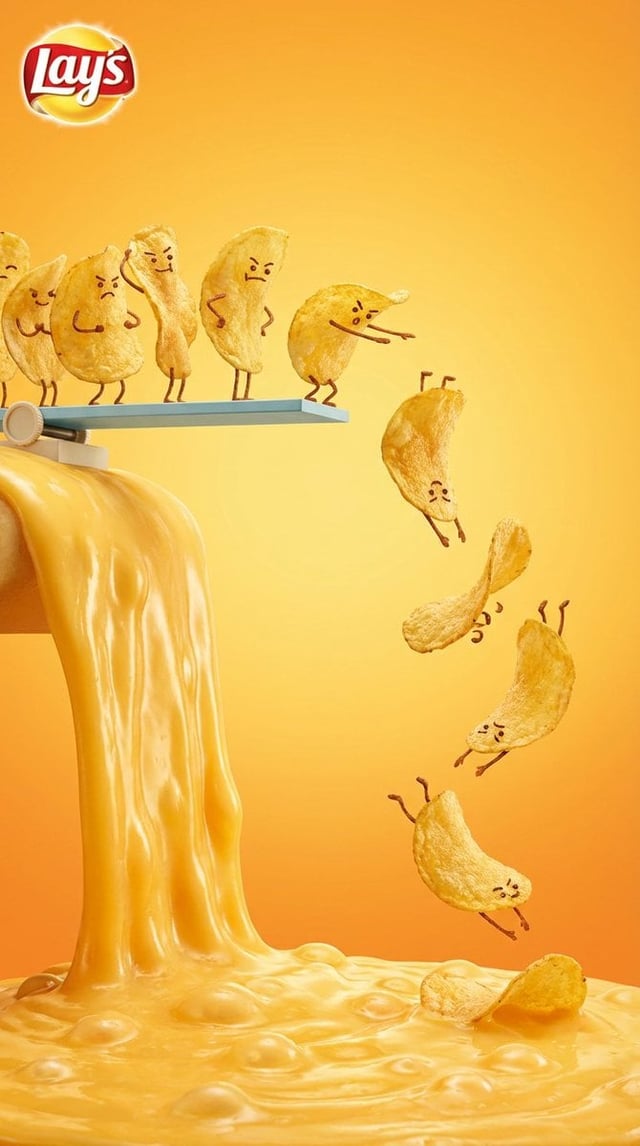 Vertical snack advertising visual with playful anthropomorphic tone. At the top, golden Lay’s potato