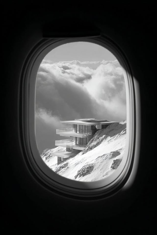 a window looking out an airplane and you can see a 4k image of a futuistic, very modern house on top