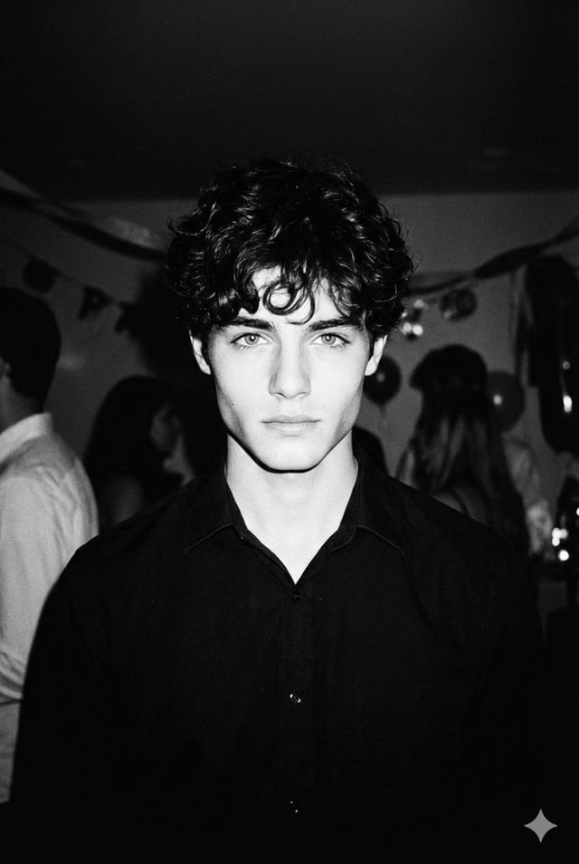 High-contrast black and white photo taken with a 1990s disposable camera at a dark house party. A ha